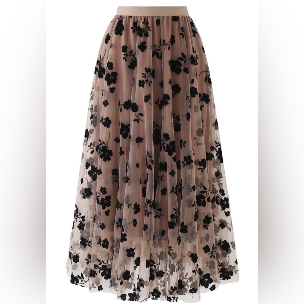 Chicwish 3D POSY DOUBLE-LAYERED MESH MIDI SKIRT IN CARAMEL